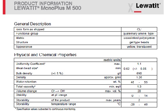 Spesifikasi Resin Anion Lewatit Monoplus M500